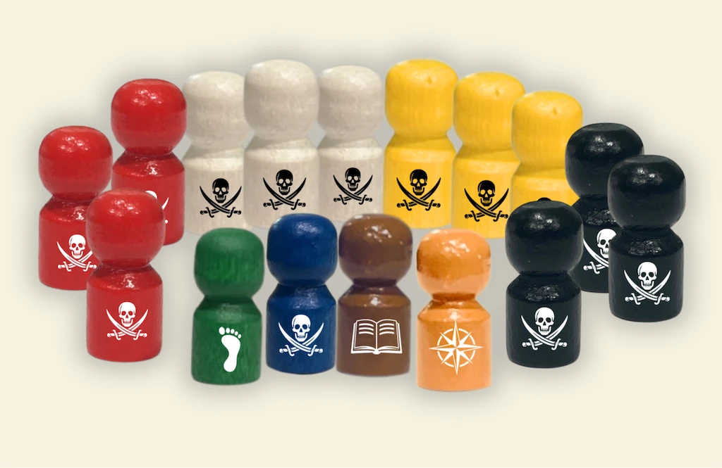 Terra Incognita custom-carved pirate crew pawns and islander pieces