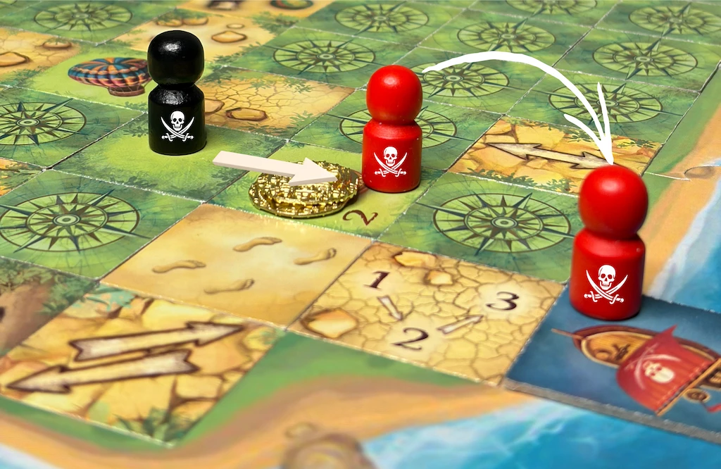 Pirates competing for treasure and blocking each other near the shore in Terra Incognita